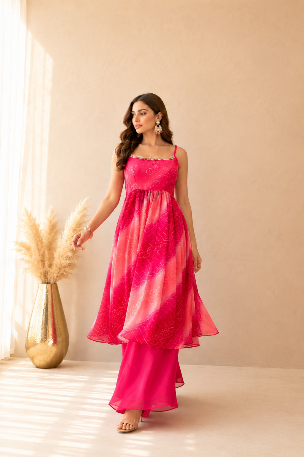 LEHERVI PINK OMBRE BANDHEJ NYRA CUT SUIT SET