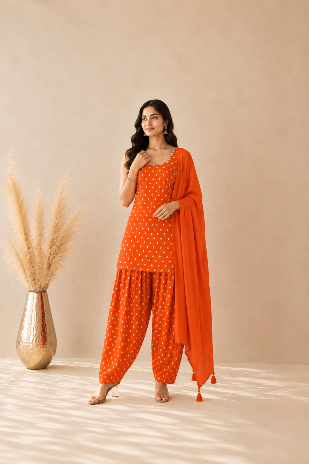 YAMINI ORANGE BANDHEJ FARSHI SET