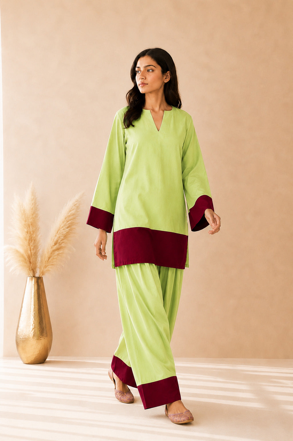IQRA GREEN & BROWN COLOR BLOCK FARSHI SET