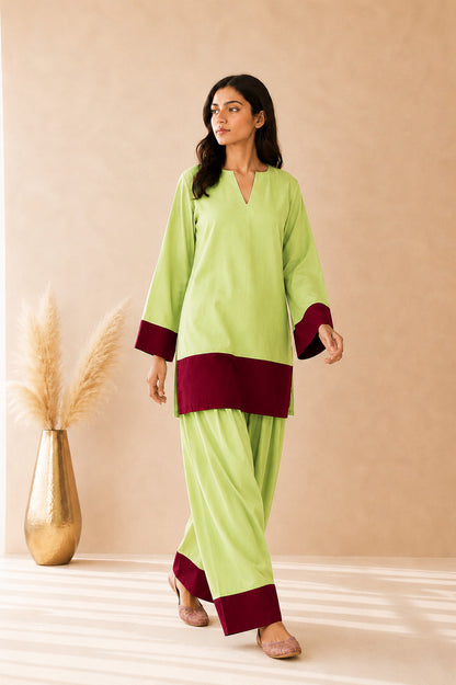 IQRA GREEN & BROWN COLOR BLOCK FARSHI SET