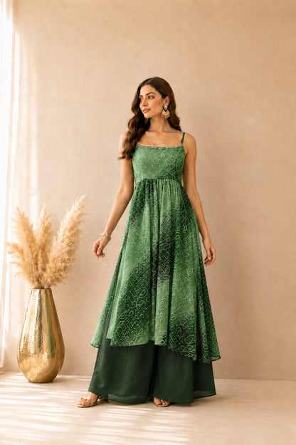 ROSHIRA GREEN OMBRE BANDHEJ NYRA CUT SUIT SET