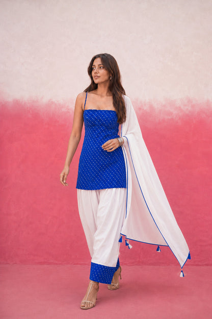 NIVARA ROYAL BLUE GEORGETTE MOTHRA FARSHI SET