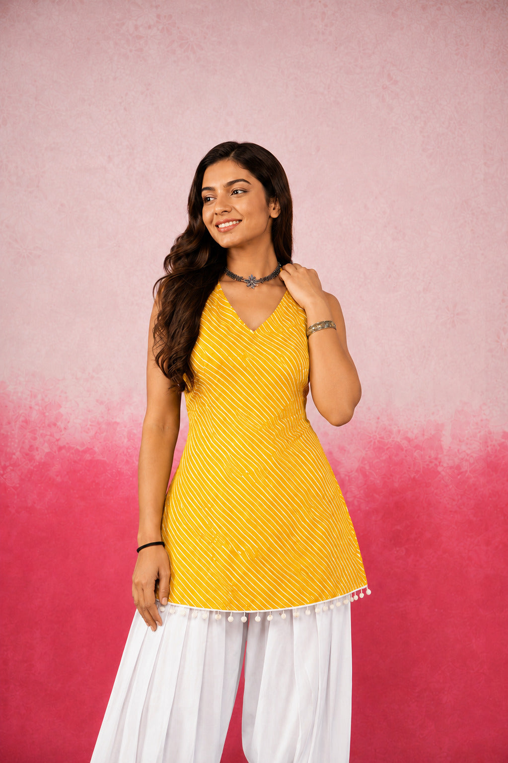 SHAILEE YELLOW HALTER LEHERIYA FARSHI SET