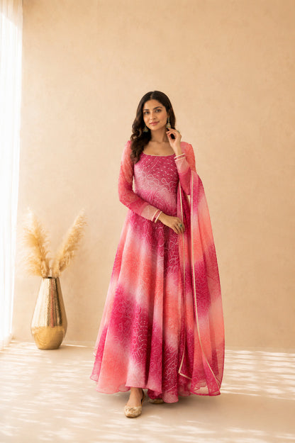 SAANJH PINK OMBRE BANDHEJ ANARKALI SET
