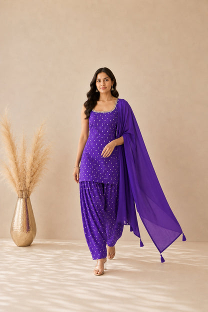 UNNATI PURPLE BANDHEJ FARSHI SET