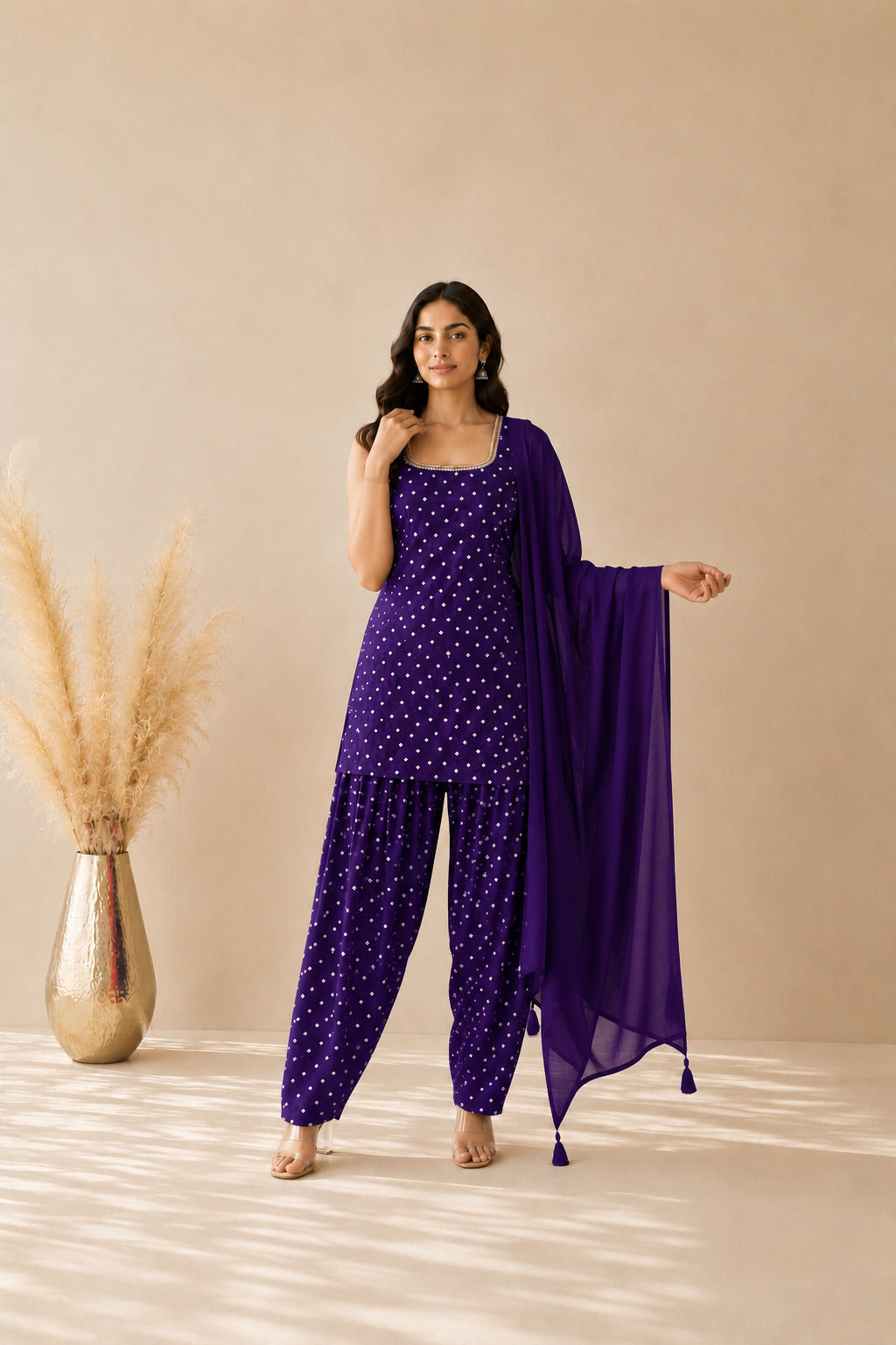 UNNATI PURPLE BANDHEJ FARSHI SET