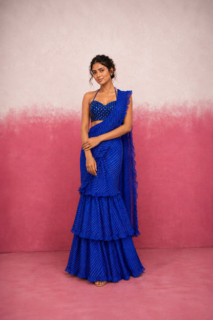 SRIJAA ROYAL BLUE LEHERIYA RUFFLE SAREE