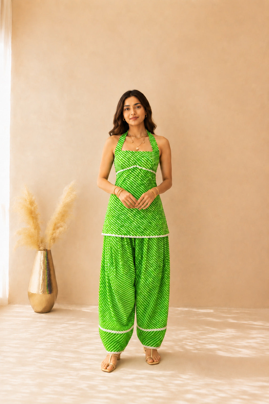SARVANI GREEN COTTON LEHERIYA FARSHI SET WITH DUPATTA