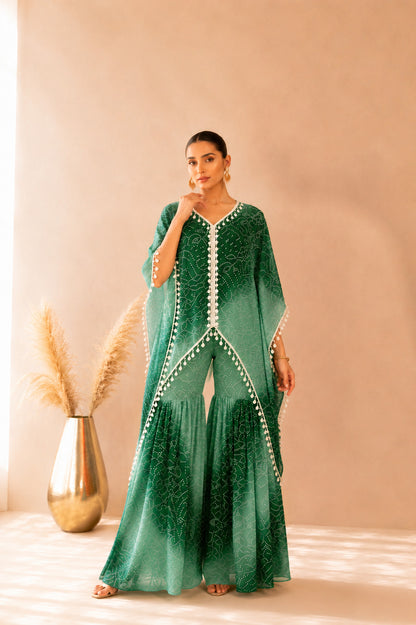 KYNARA GREEN OMBRE BANDHEJ KAFTAN SHARARA SET