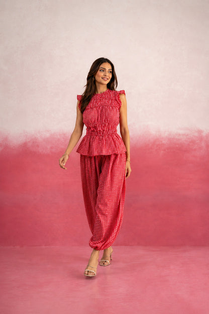 ALARIKA RED GINGHAM BALLOON COORD SET