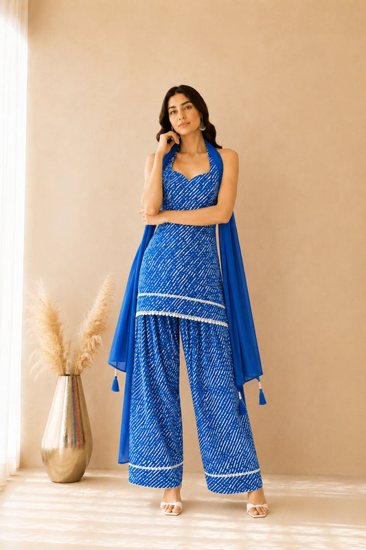MEHREEN BLUE COTTON LEHERIYA FARSHI SET WITH DUPATTA