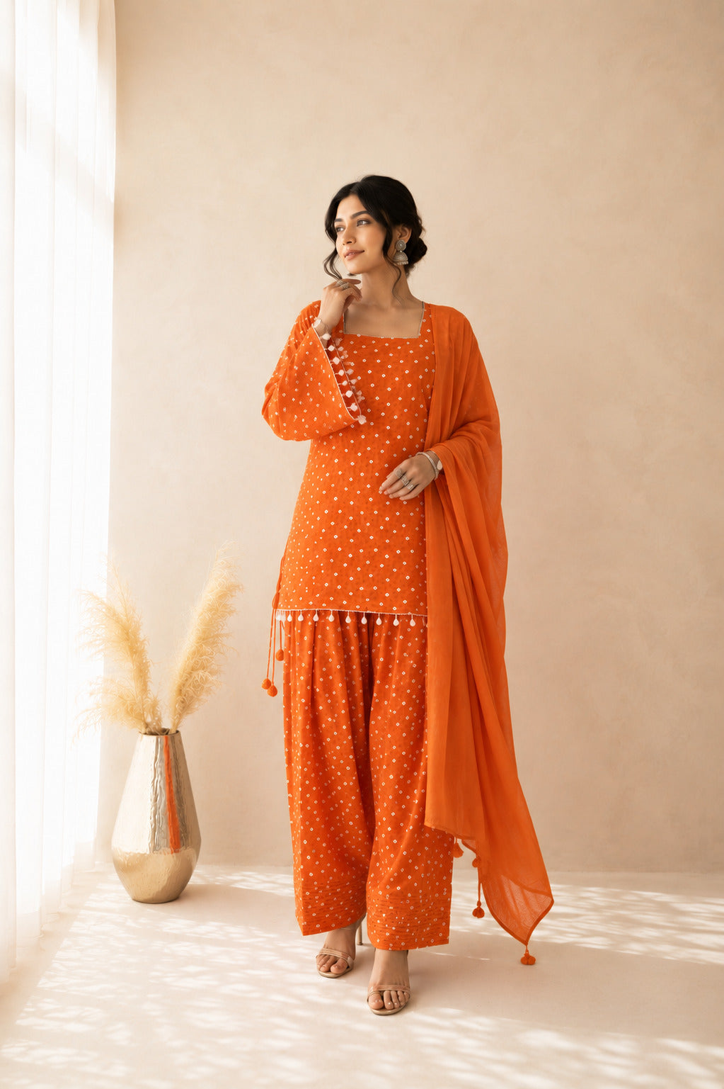 DIVYANGI ORANGE BANDHEJ FARSHI SET