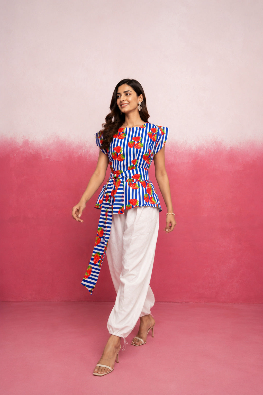 ARSHI BLUE STRAWBERRY STRIPE BALLOON COORD SET WITH BELT