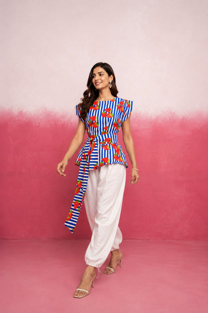 ARSHI BLUE STRAWBERRY STRIPE BALLOON COORD SET WITH BELT