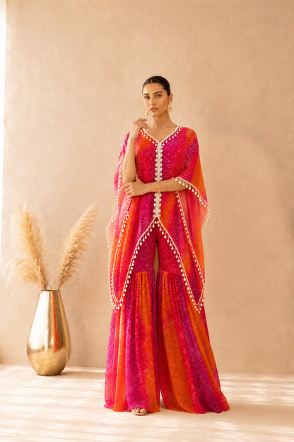 MAHEYA ORANGE OMBRE BANDHEJ KAFTAN SHARARA SET