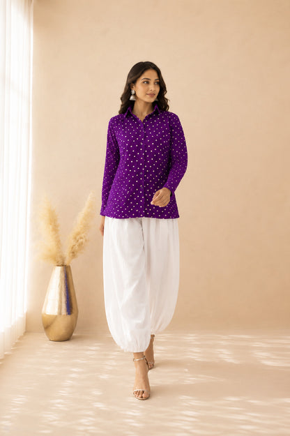SHARVI PURPLE BANDHEJ SHIRT AND BALLOON PANTS COORD SET