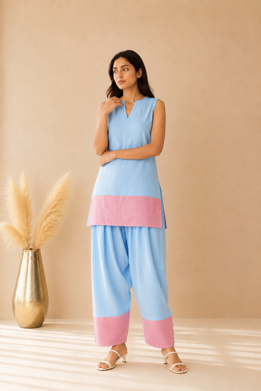 SHEEN POWDER BLUE & PASTEL PINK COLOR BLOCK FARSHI SET