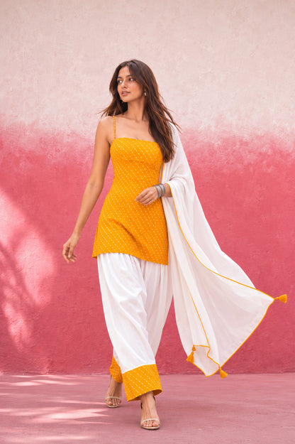 MADHVI YELLOW GEORGETTE MOTHRA FARSHI SET
