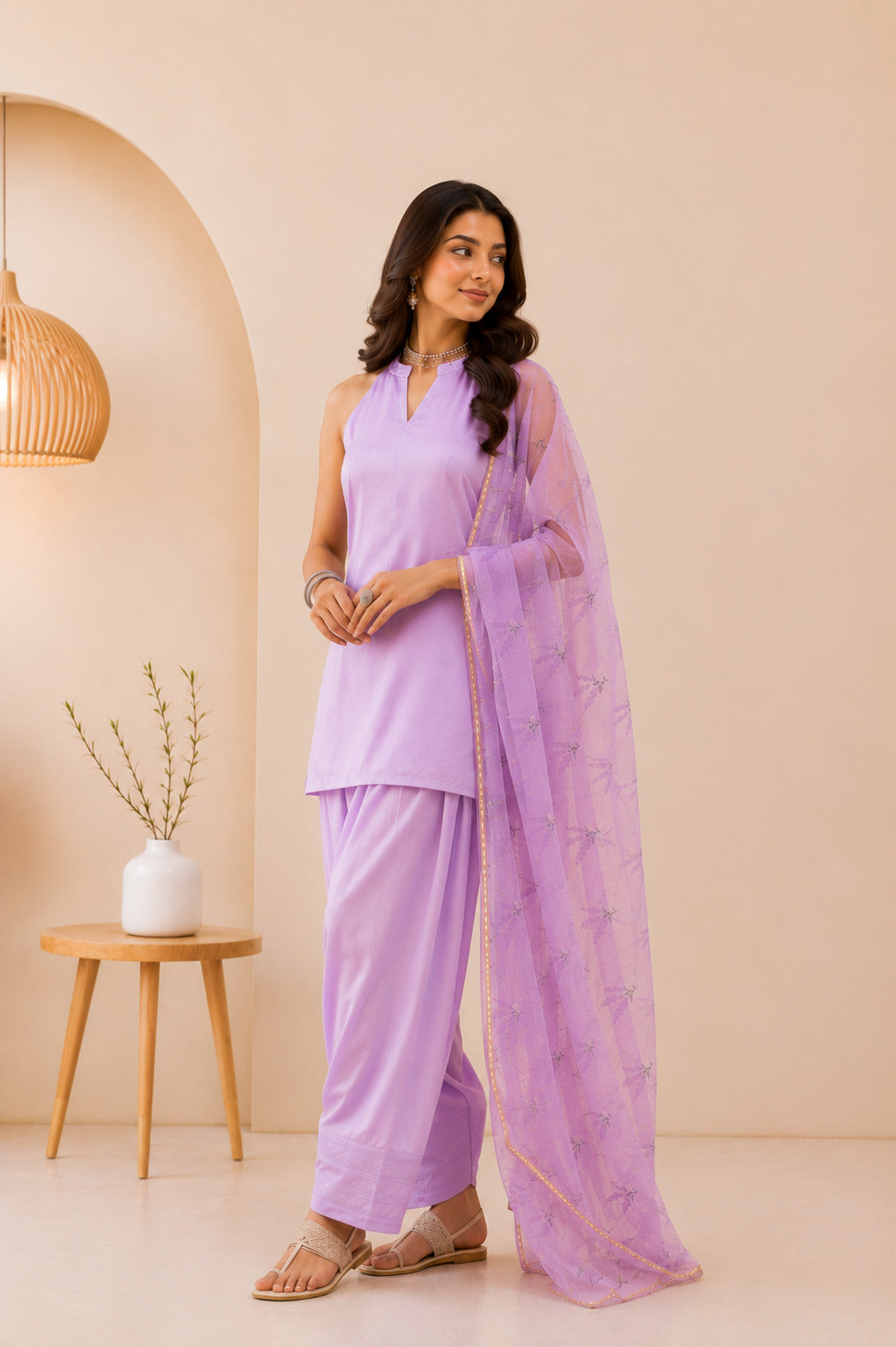 ILAISHA LAVENDER HANDPRINTED FARSHI SET