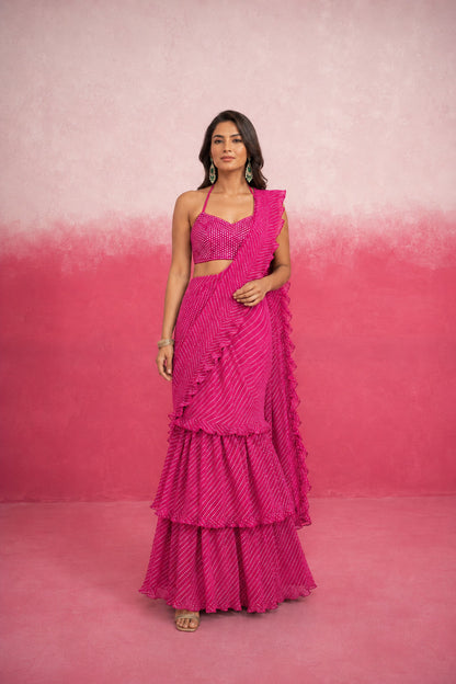 ISHMI MAGENTA PINK LEHERIYA RUFFLE SAREE