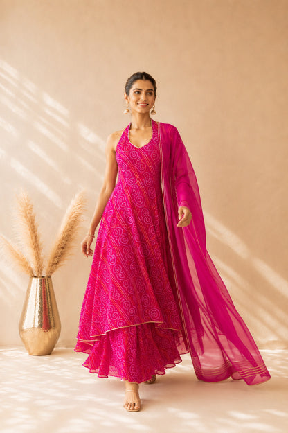 AROVIA PINK BANDHEJ HALTER ANARKALI SET