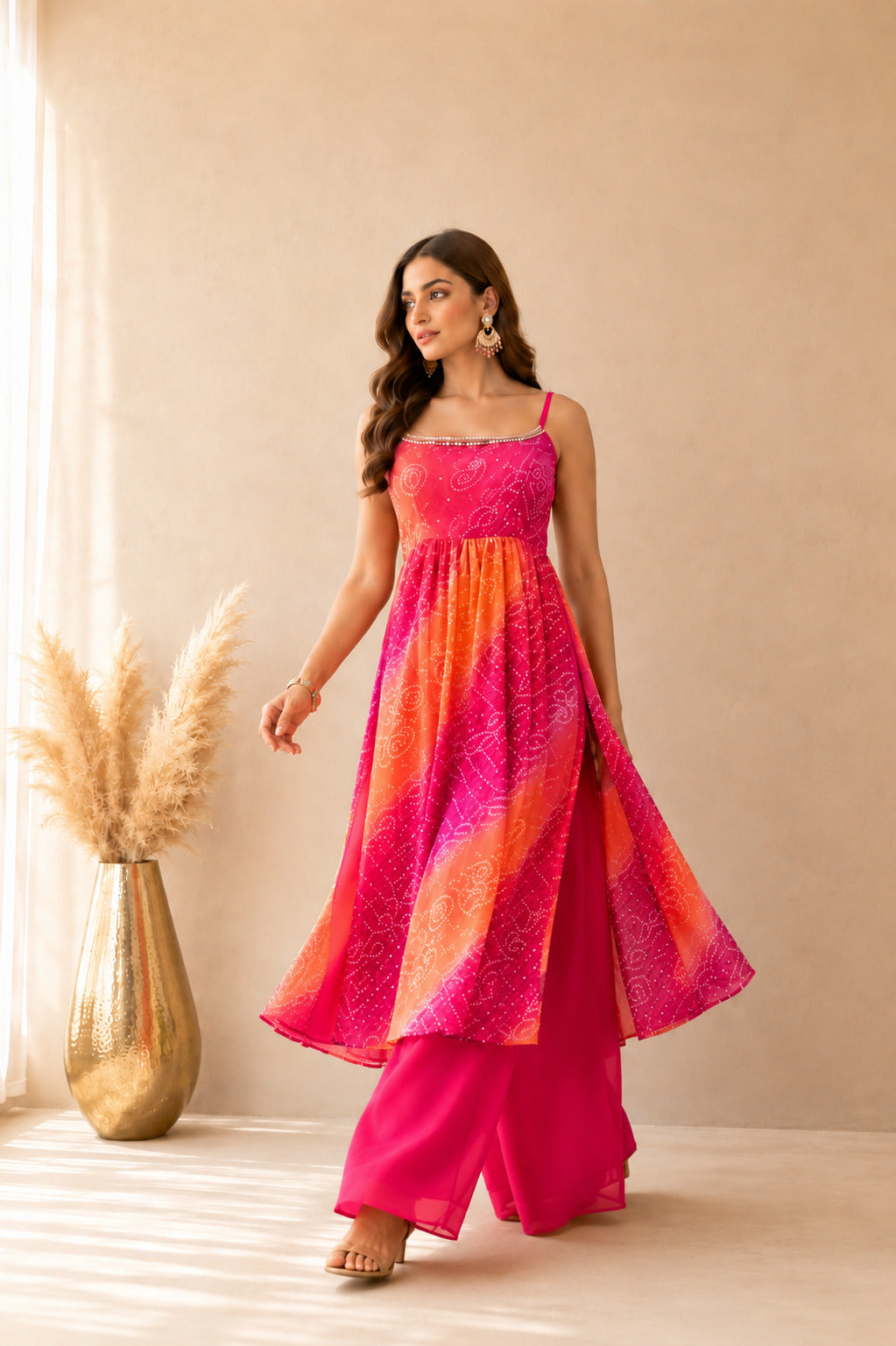 ELMIRA ORANGE OMBRE BANDHEJ NYRA CUT SUIT SET