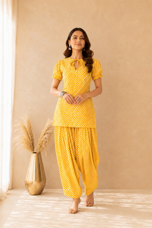 PALLAVI YELLOW COTTON LEHERIYA FARSHI SET