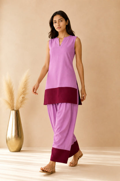 RAHEEL MAUVE & CHERRY COLOUR BLOCK FARSHI SET