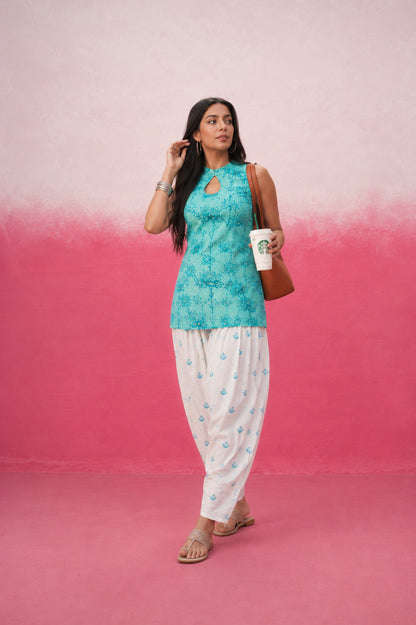 HARSHINI COTTON TURQUISE FARSHI SET