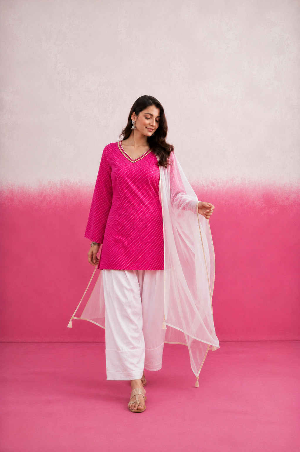 SHIVIKA PINK LEHERIYA FARSHI SET