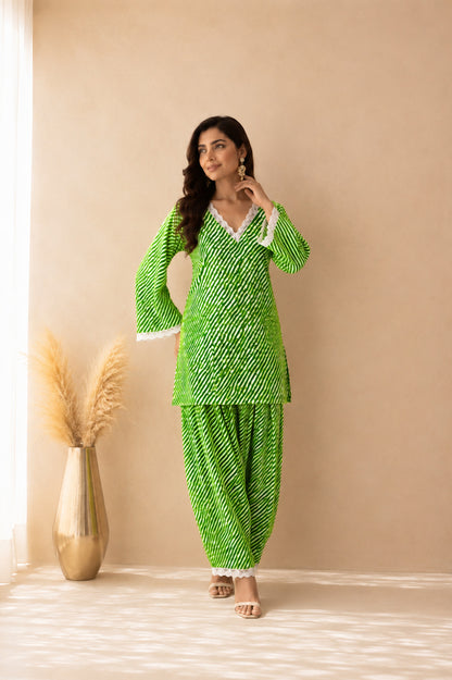 MALINI GREEN COTTON LEHERIYA FARSHI SET