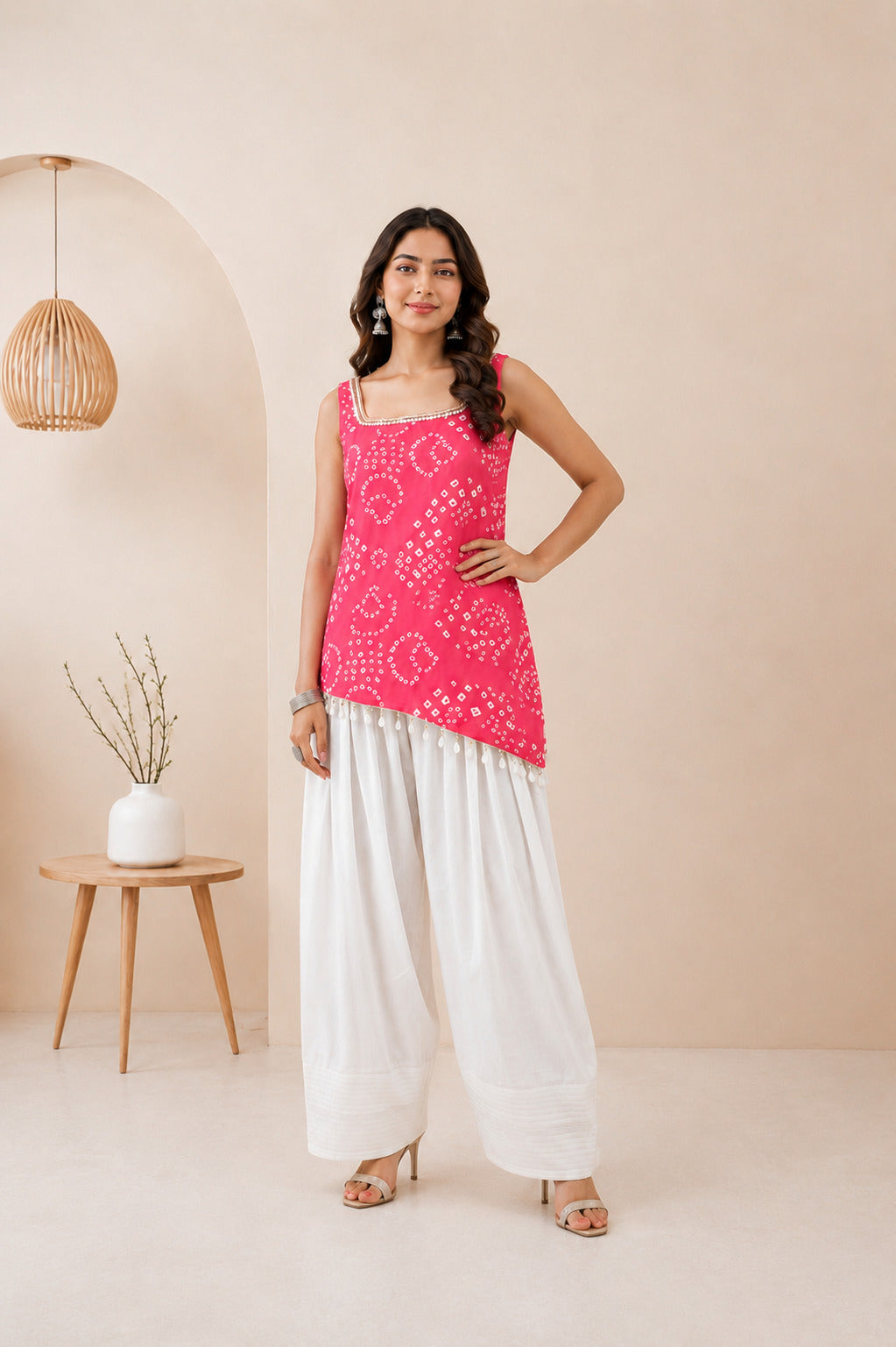 TARIKA PINK ASYMETTRIC BANDHEJ FARSHI SET