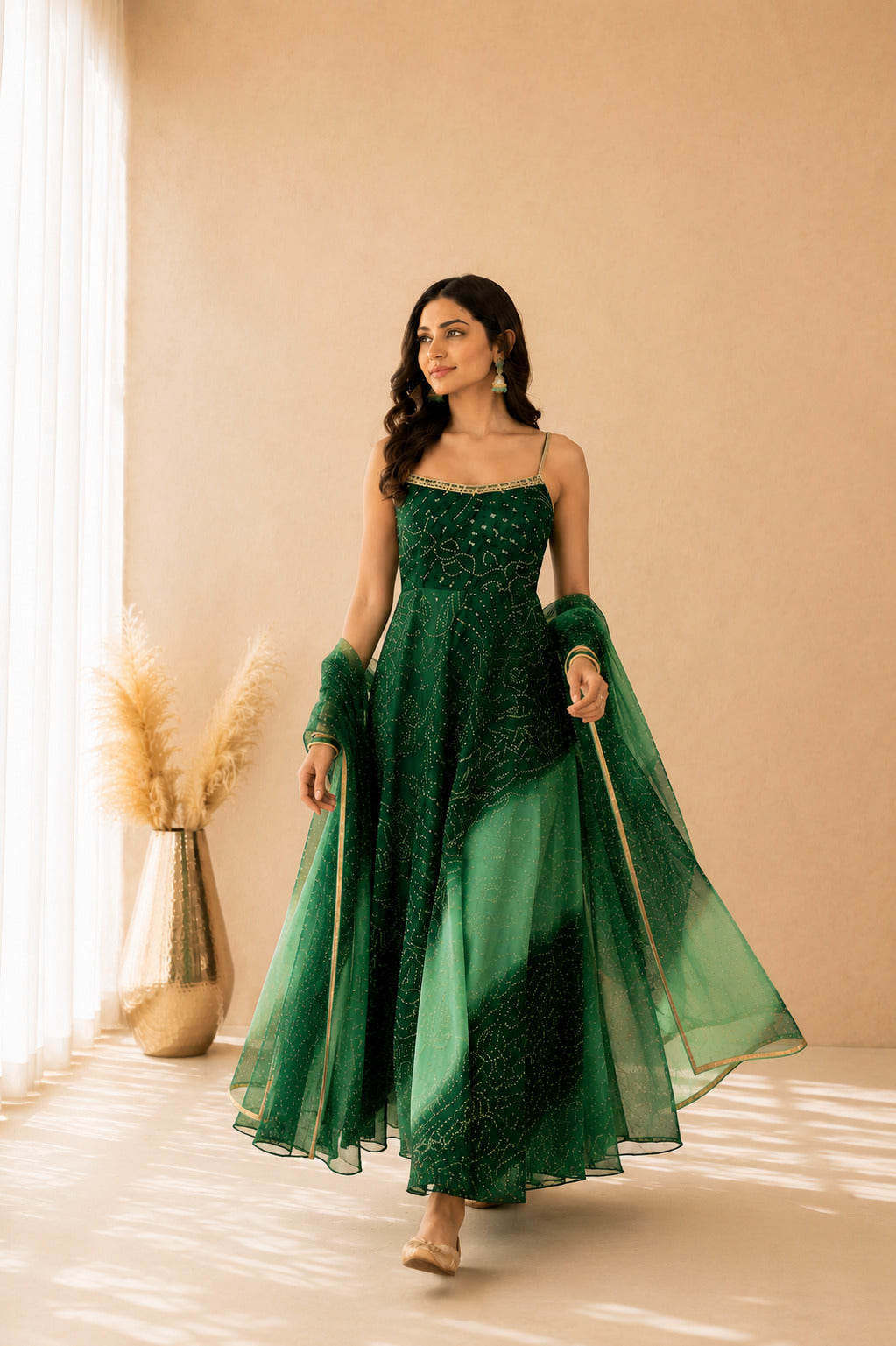 ZARISHA OMBRE GREEN BANDHEJ ANARKALI SET