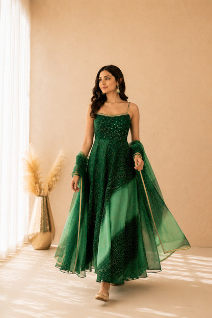 ZARISHA OMBRE GREEN BANDHEJ ANARKALI SET