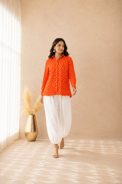 ENRIKA ORANGE BANDHEJ SHIRT AND BALLOON COORD SET