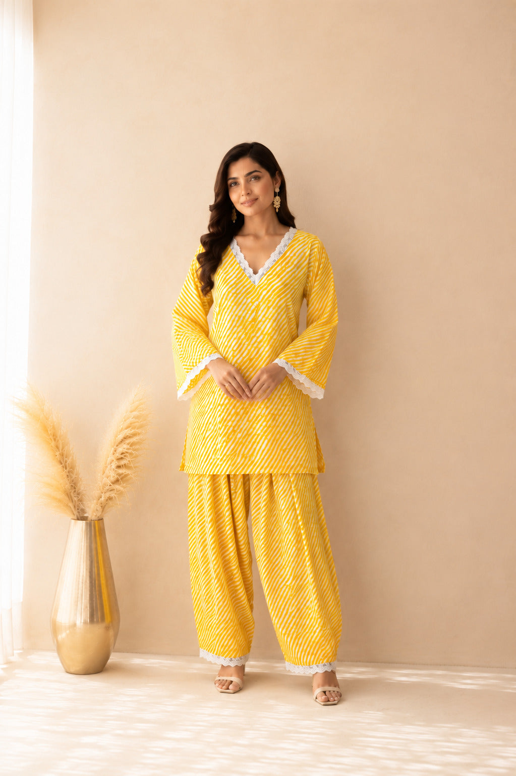 DHARINI YELLOW COTTON LEHERIYA FARSHI SET