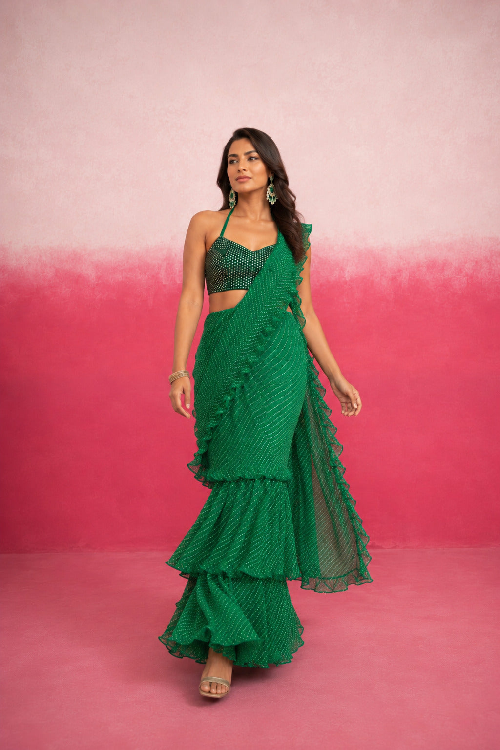 RAGVI GREEN LEHERIYA RUFFLE SAREE