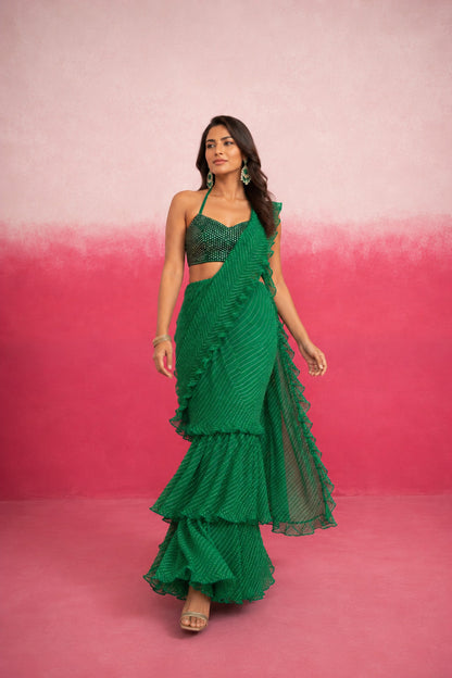 RAGVI GREEN LEHERIYA RUFFLE SAREE