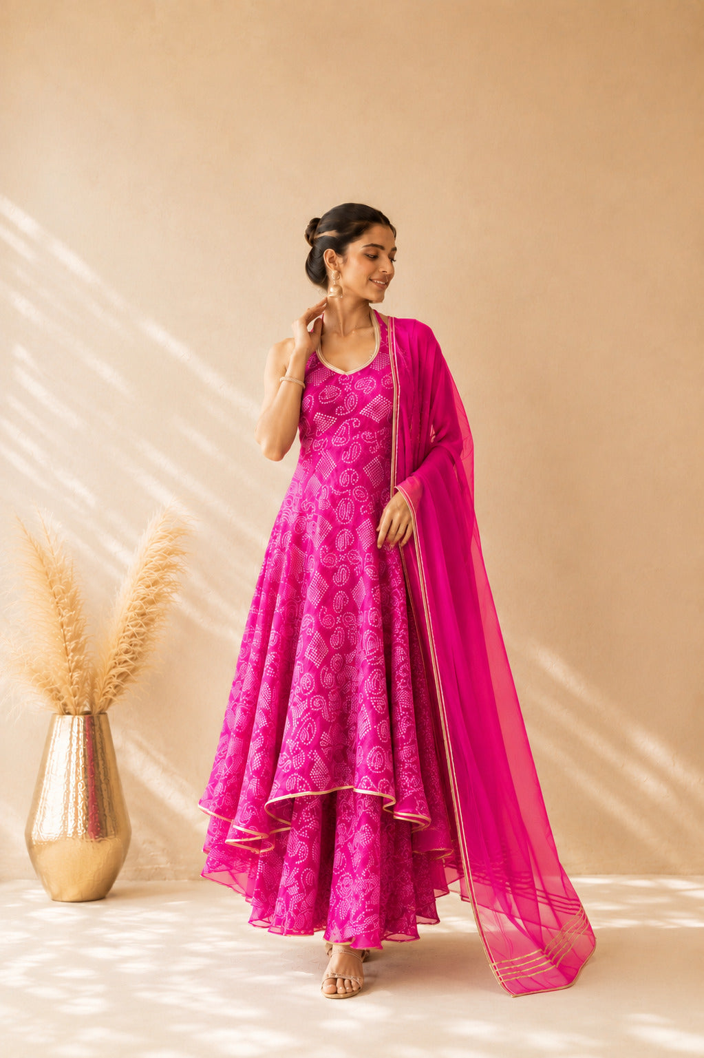 CHANDRI PINK BANDHEJ HALTER ANARKALI SET