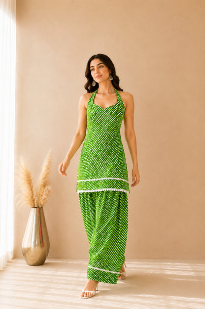 SUKAINA GREEN COTTON LEHERIYA FARSHI SET WITH DUPATTA