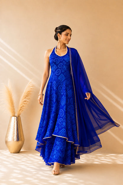 INARA BLUE BANDHEJ HALTER ANARKALI SET