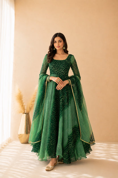 LEHZA GREEN OMBRE BANDHEJ ANARKALI SET