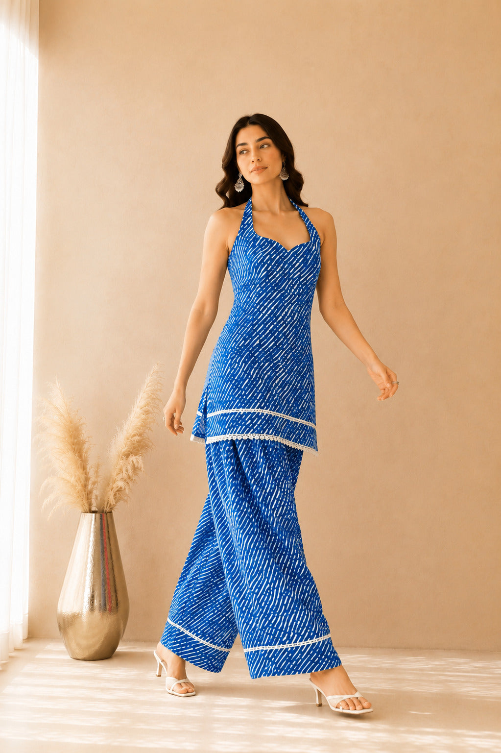MEHREEN BLUE COTTON LEHERIYA FARSHI SET WITH DUPATTA
