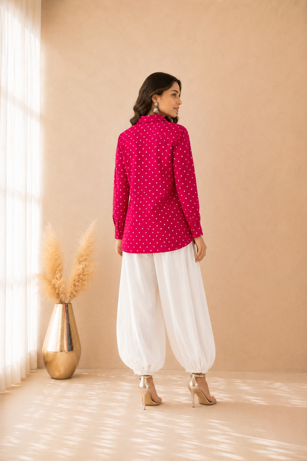 VAMIRA PINK BANDHEJ SHIRT AND BALLOON COORD SET