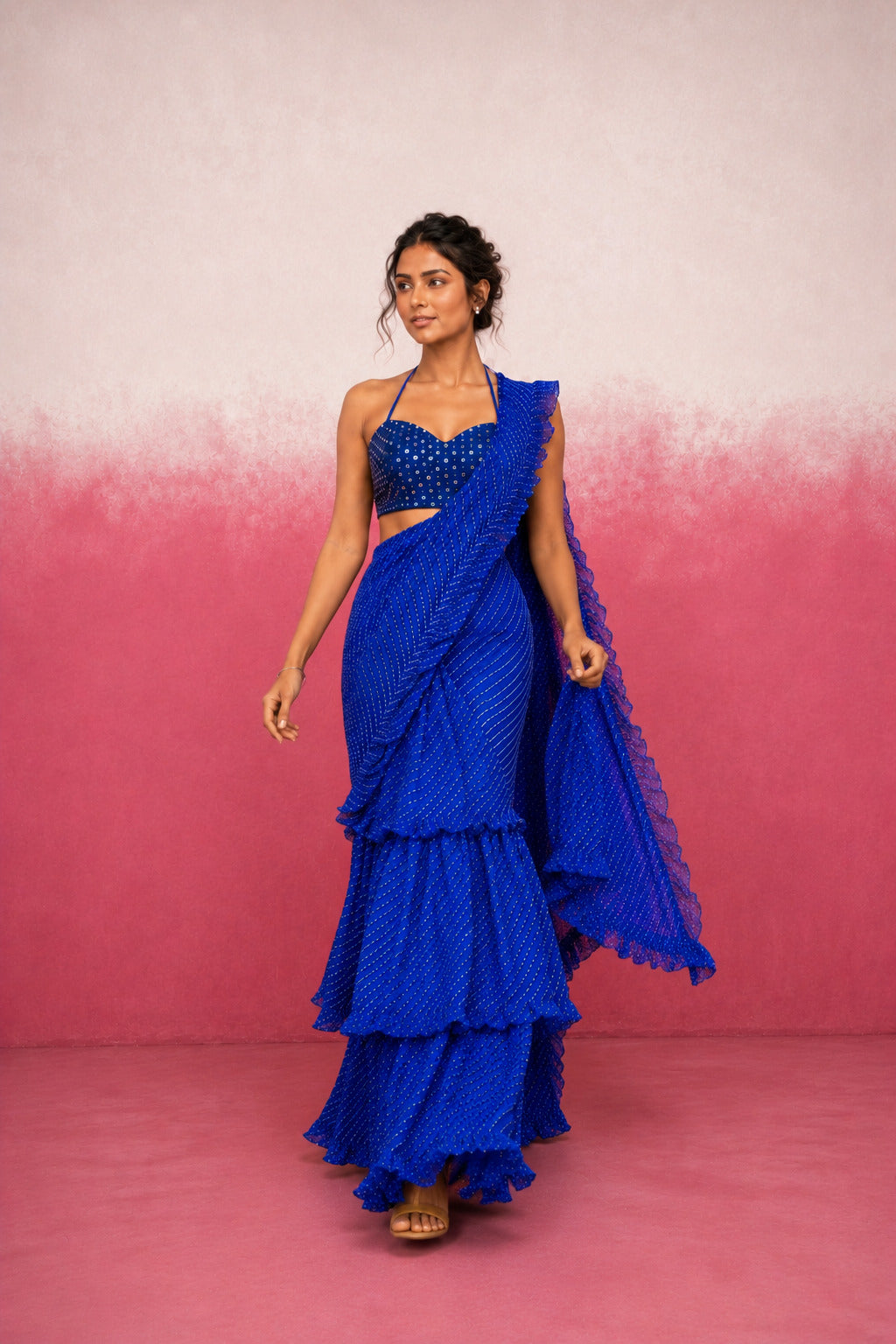 SRIJAA ROYAL BLUE LEHERIYA RUFFLE SAREE