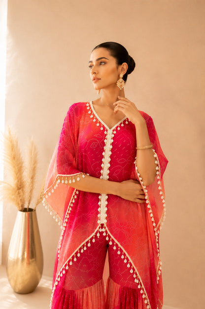 RANGROOH OMBRE BANDHEJ KAFTAN SHARARA SET