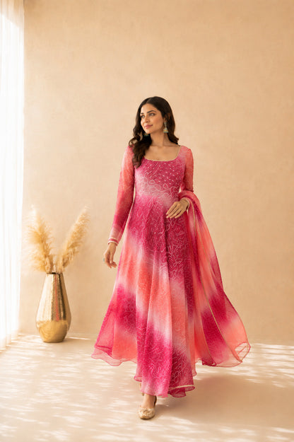 SAANJH PINK OMBRE BANDHEJ ANARKALI SET