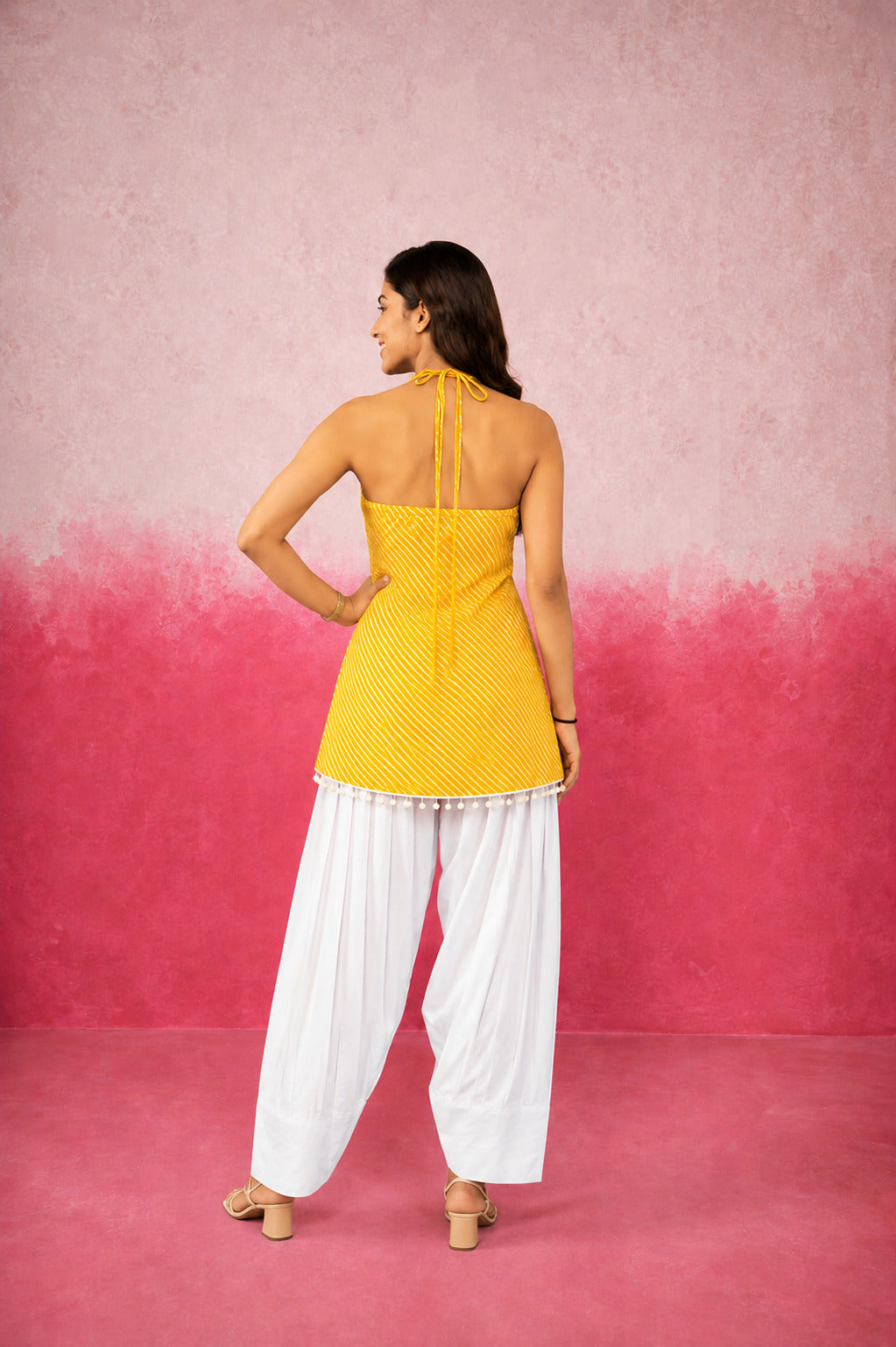 SHAILEE YELLOW HALTER LEHERIYA FARSHI SET