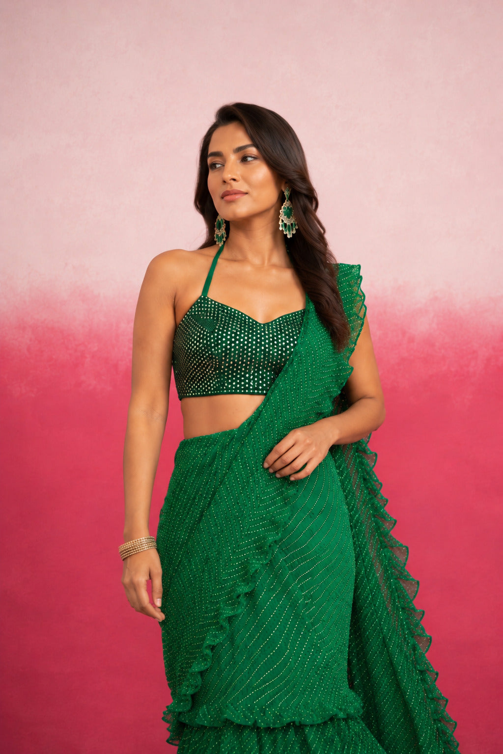 RAGVI GREEN LEHERIYA RUFFLE SAREE