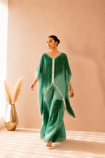 KYNARA GREEN OMBRE BANDHEJ KAFTAN SHARARA SET